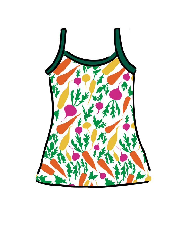 Drawing of Thunderpants Camisole in Root Veggies print.