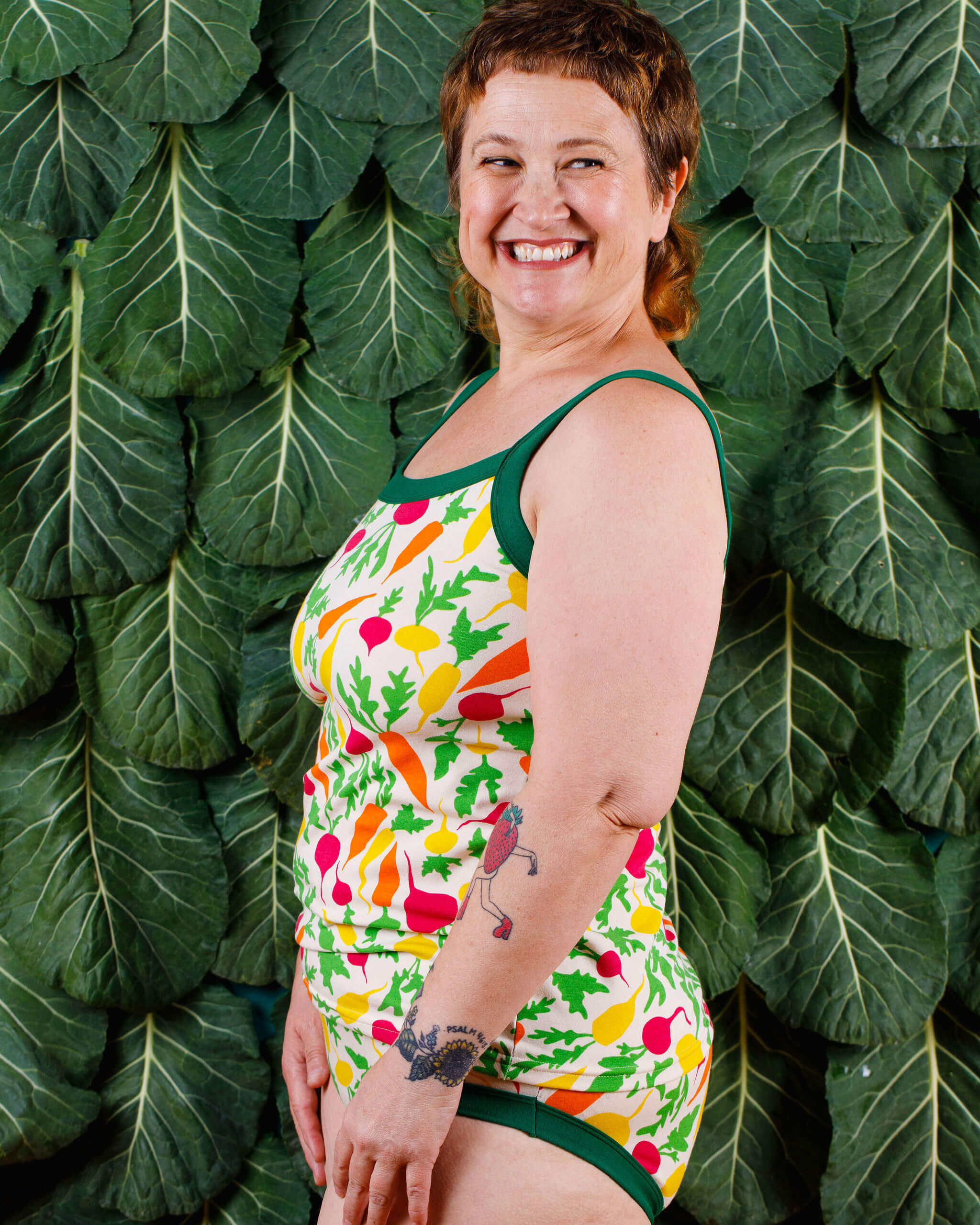 Model wearing Thunderpants Camisole and Hipster style underwear in Root Veggies print.