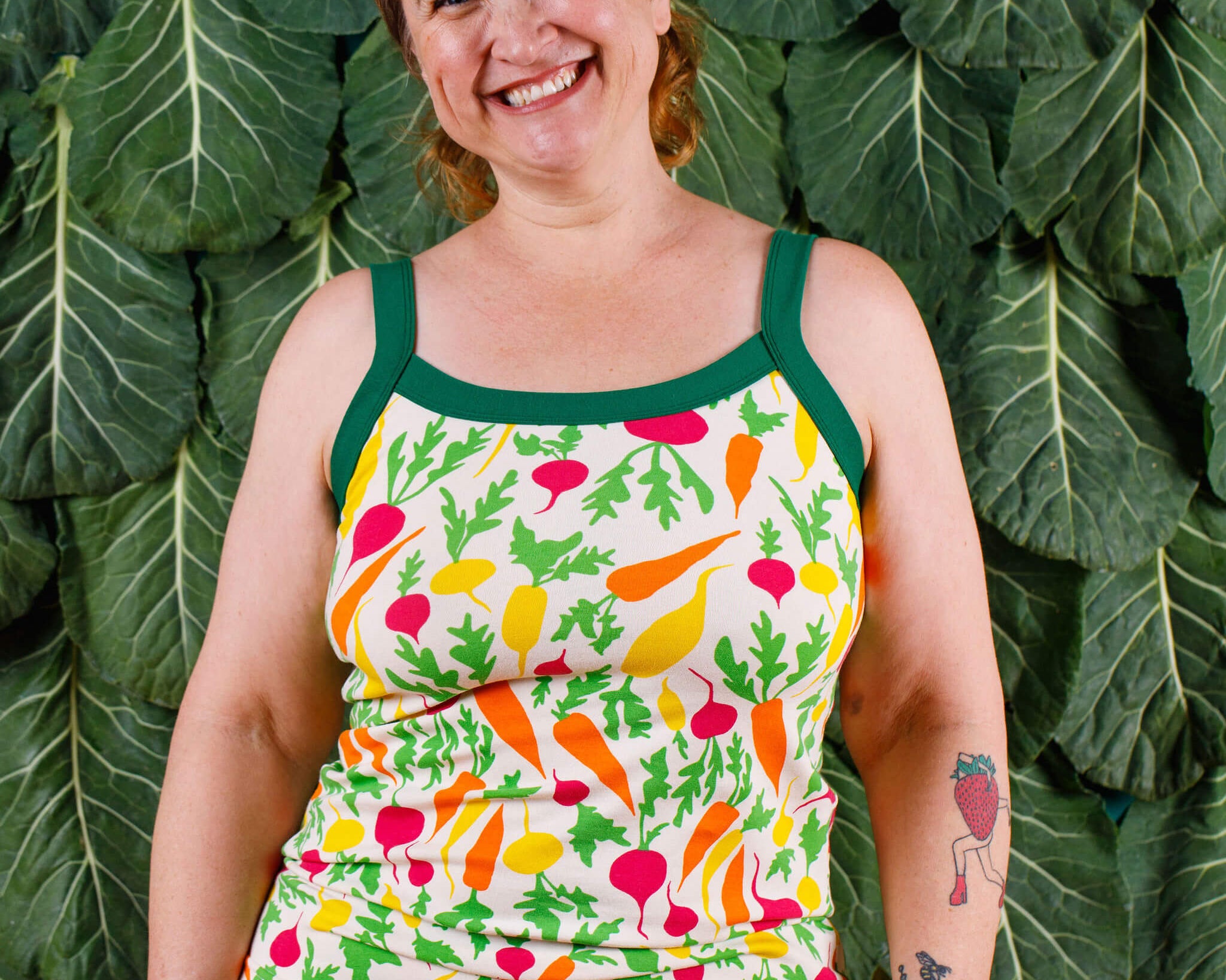 Model wearing Thunderpants Camisole and Hipster style underwear in Root Veggies print.