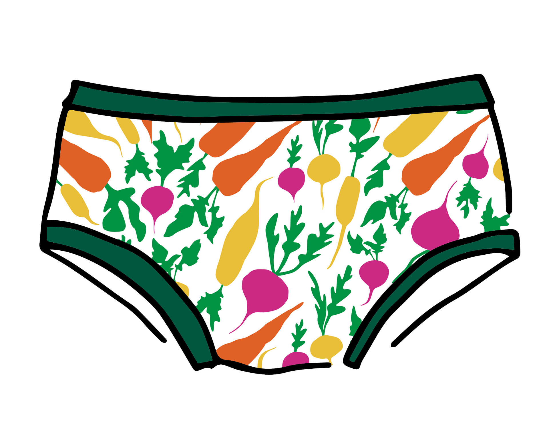 Drawing of Thunderpants Hipster style underwear in Root Veggies print.