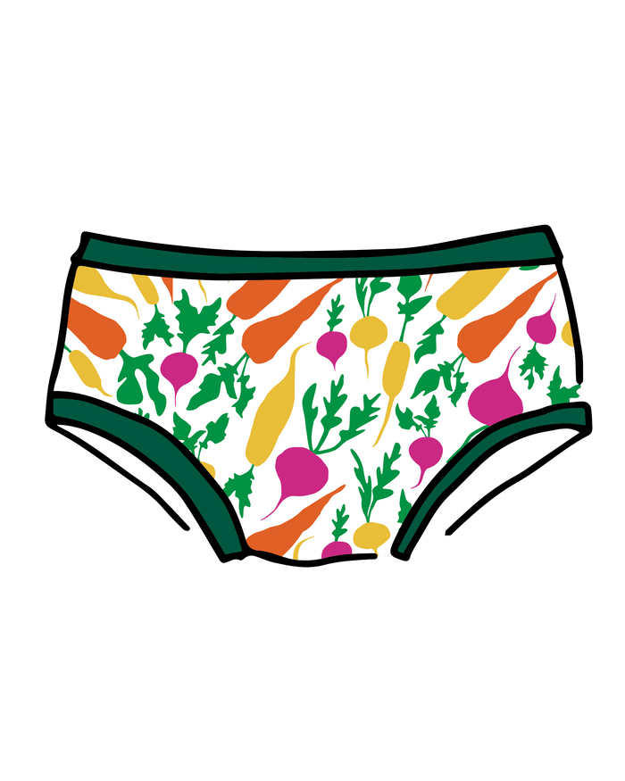 Drawing of Thunderpants Hipster style underwear in Root Veggies print.