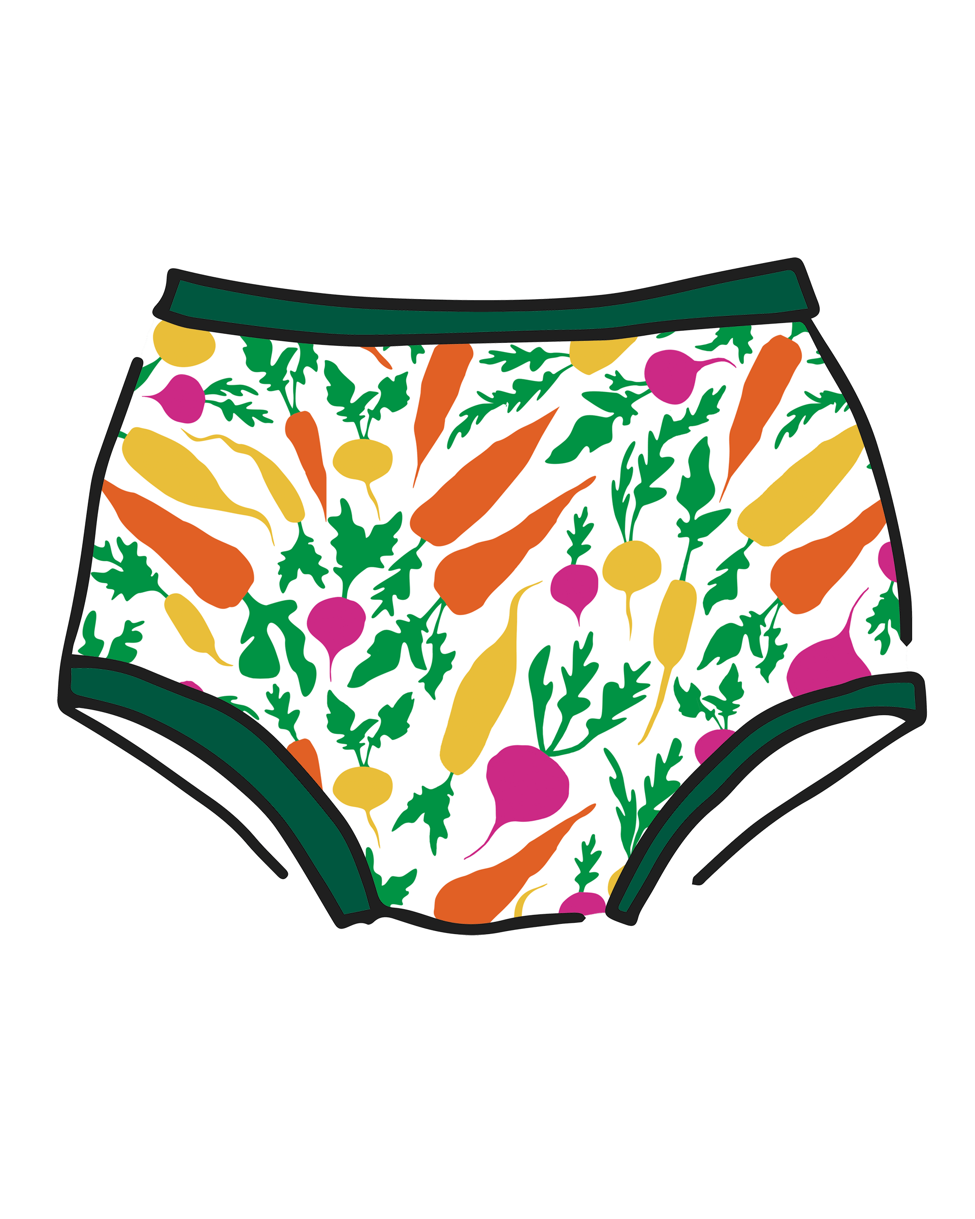 Drawing of Thunderpants Original style underwear in Root Veggies print.