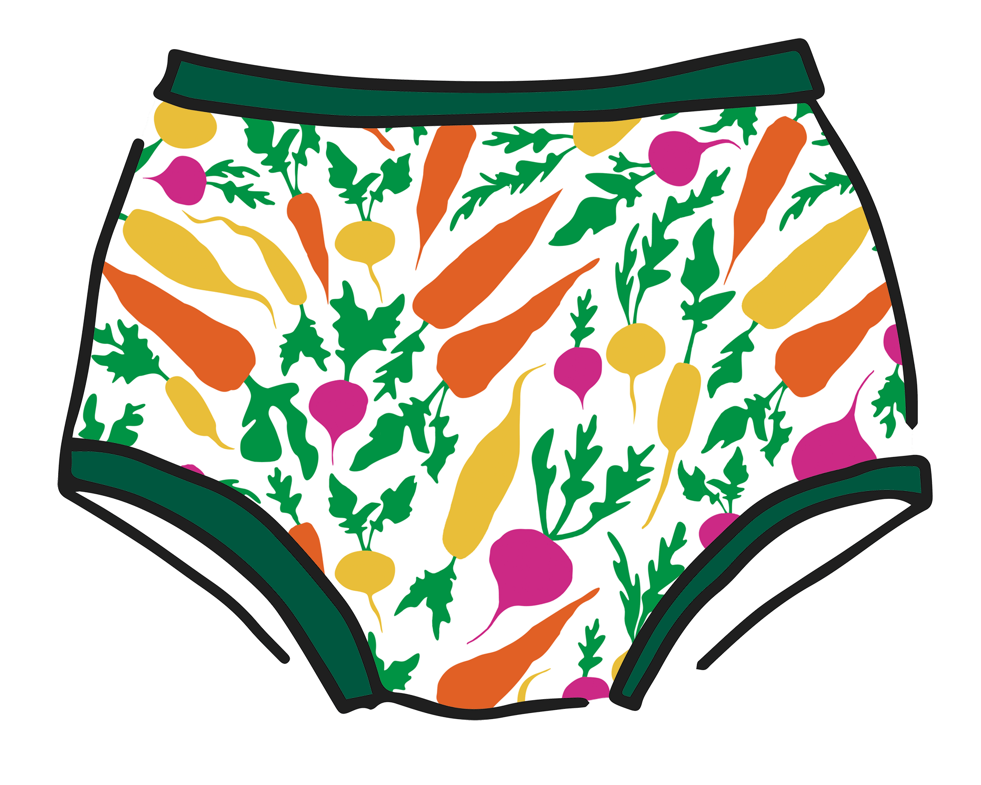 Drawing of Thunderpants Original style underwear in Root Veggies print.