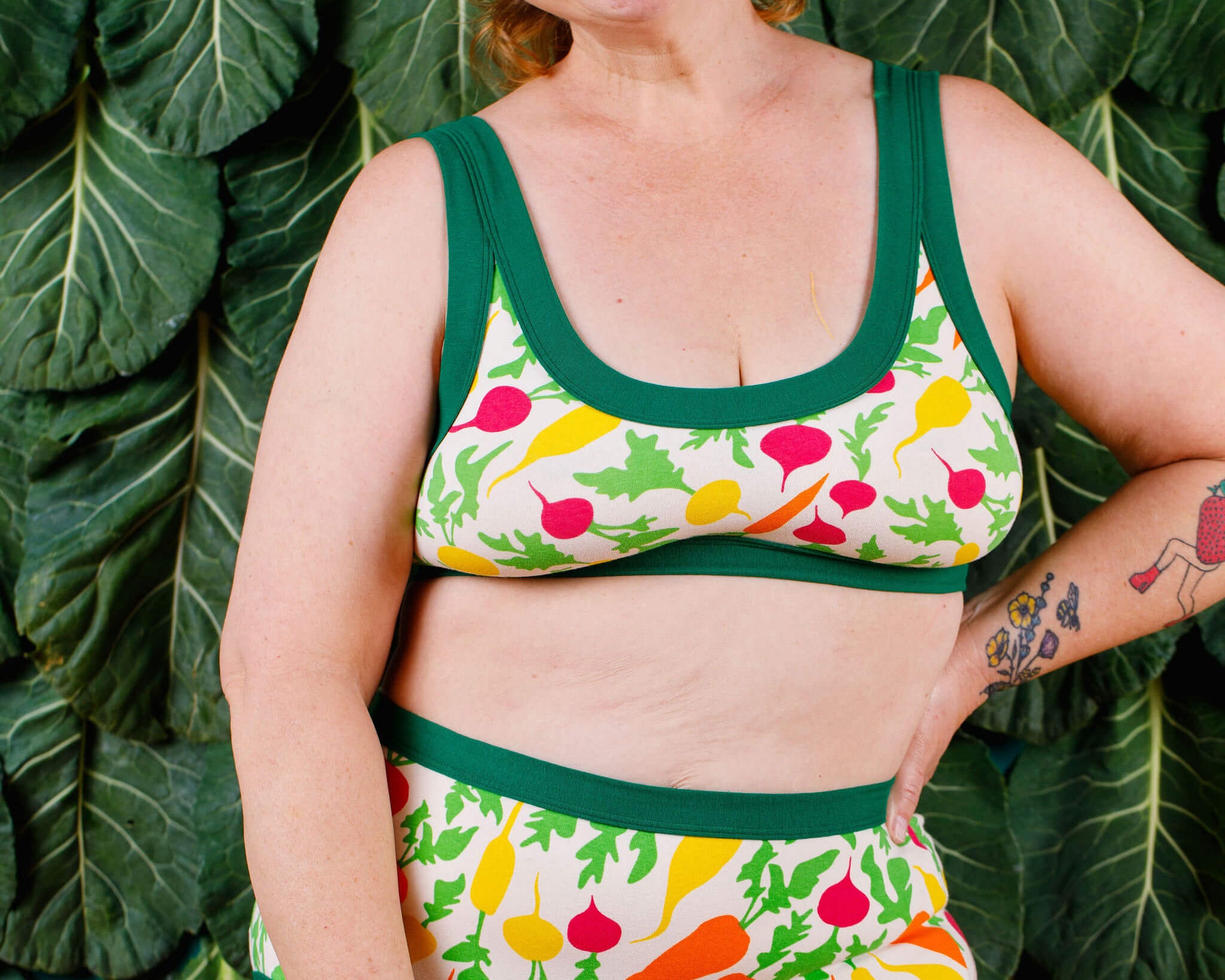 Model wearing a set of Thunderpants Original style underwear and Bralette in Root Veggies print.