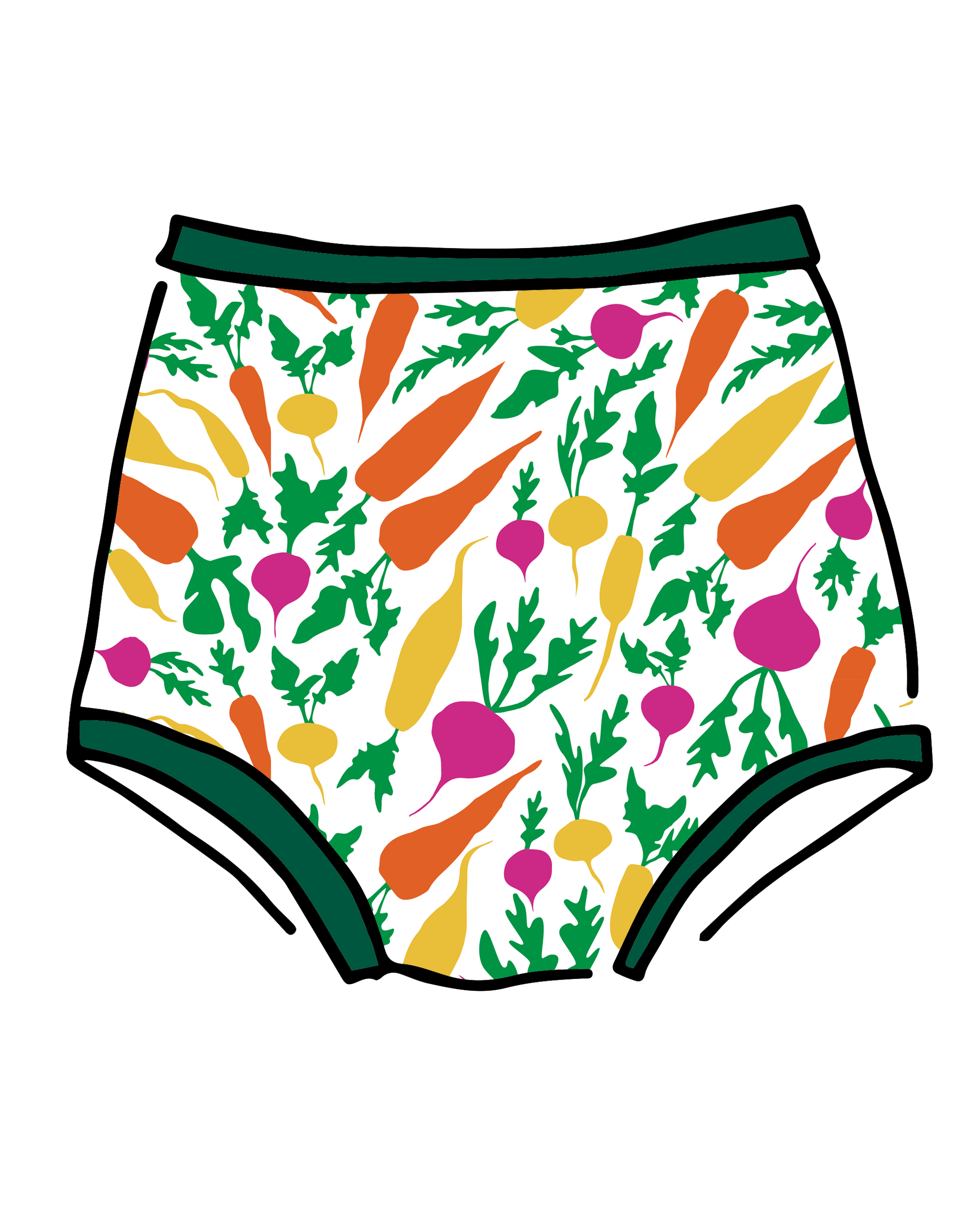 Drawing of Thunderpants Sky Rise style underwear in Root Veggies print.