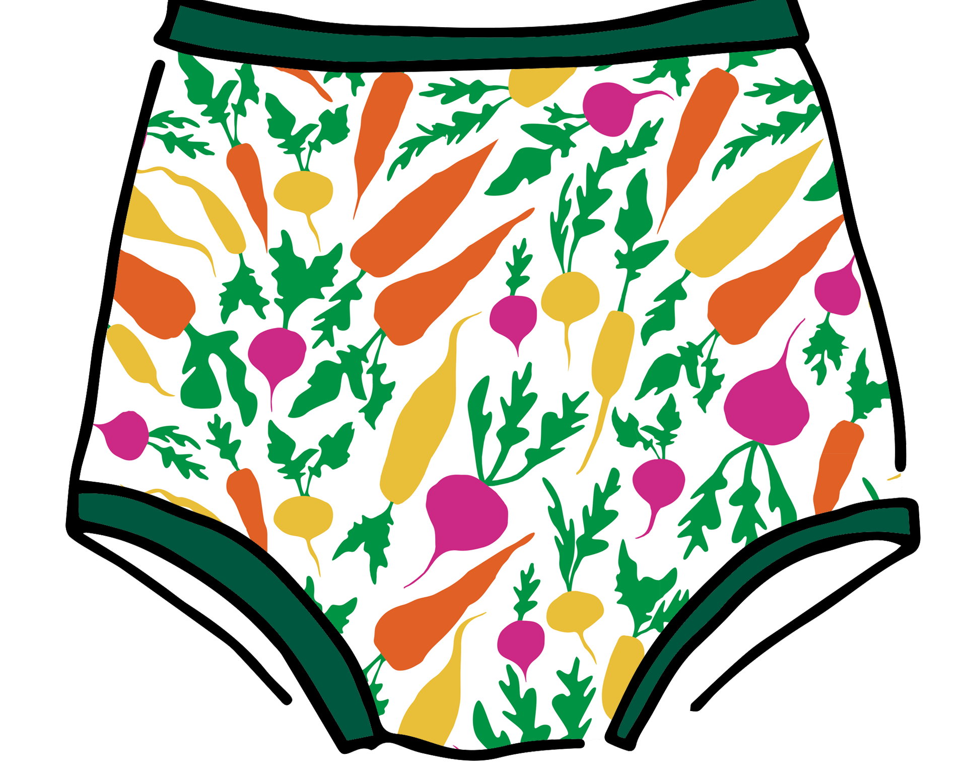 Drawing of Thunderpants Sky Rise style underwear in Root Veggies print.