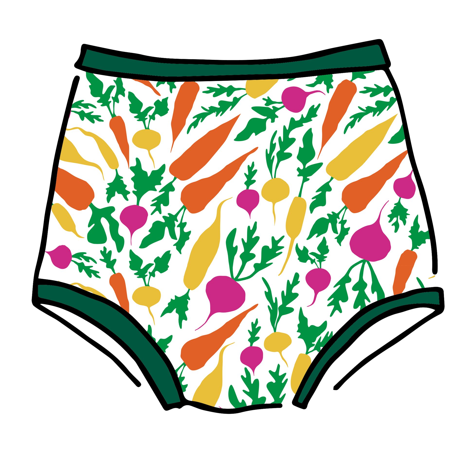 Drawing of Thunderpants Sky Rise style underwear in Root Veggies print.