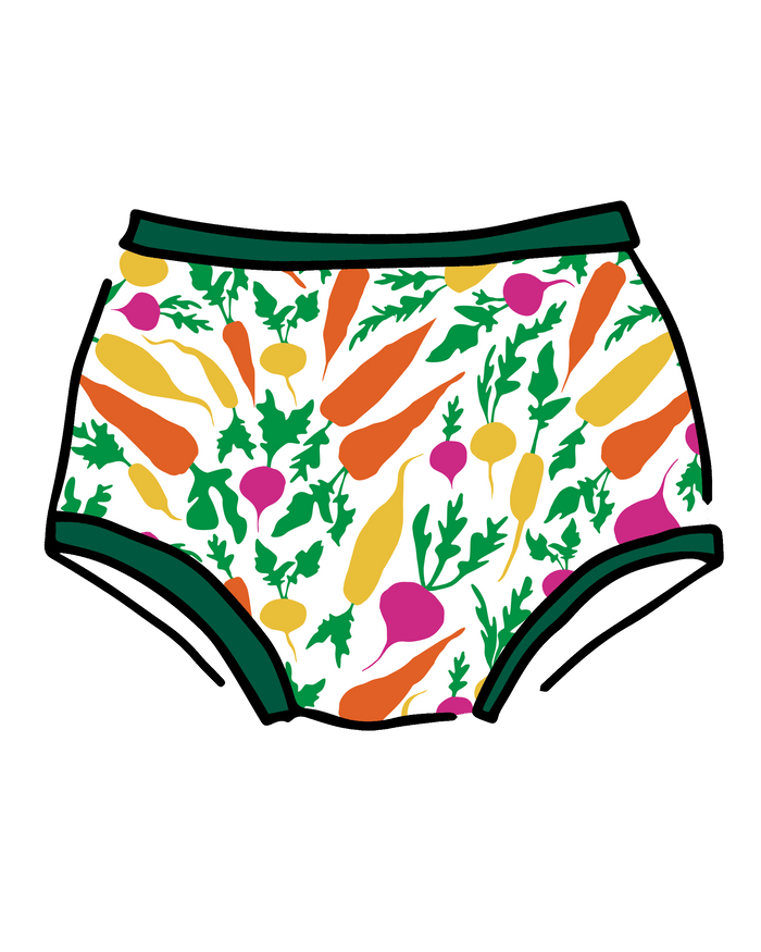 Drawing of Thunderpants Original style underwear in Root Veggies print.