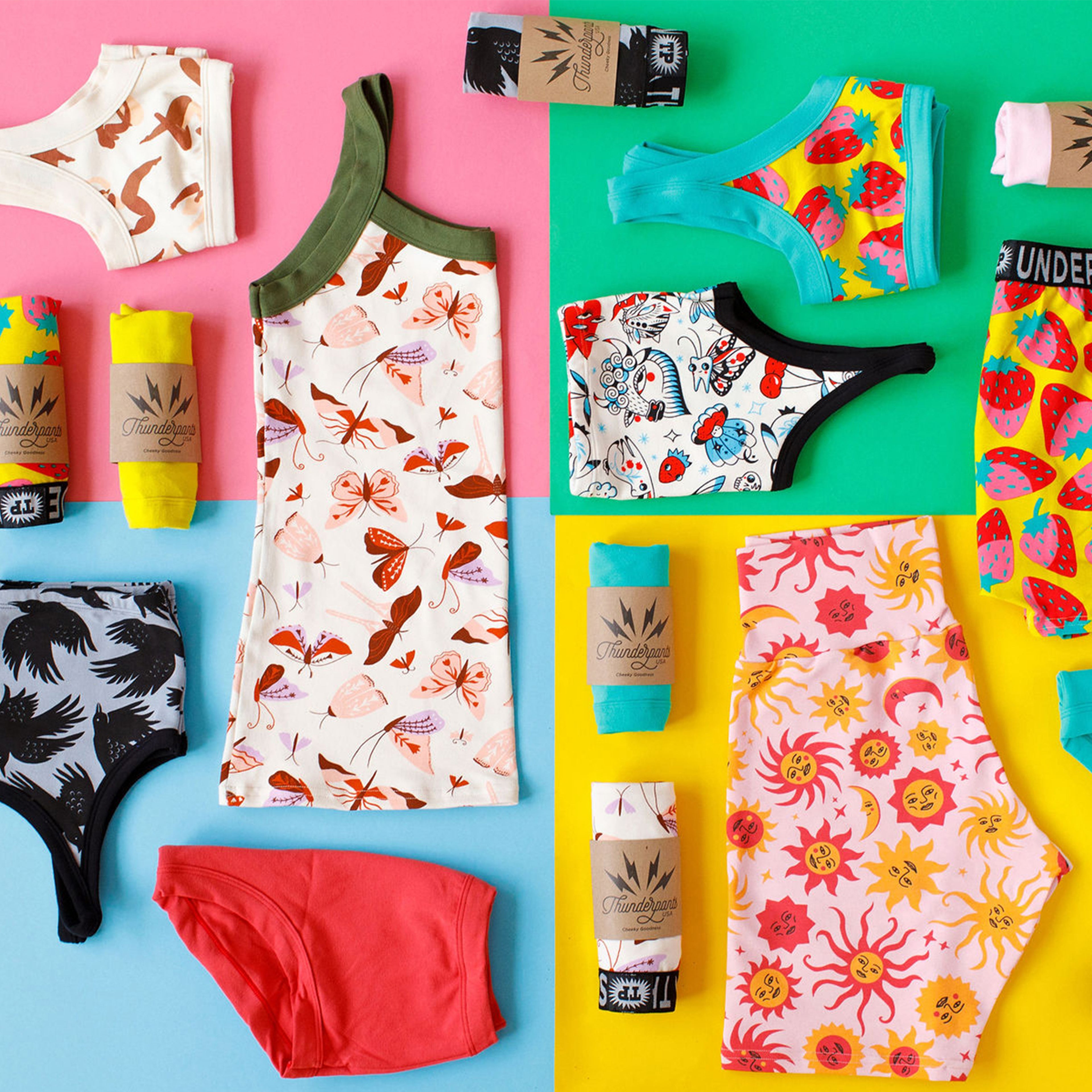 Flat lay of various Thunderpants items in different prints and styles.