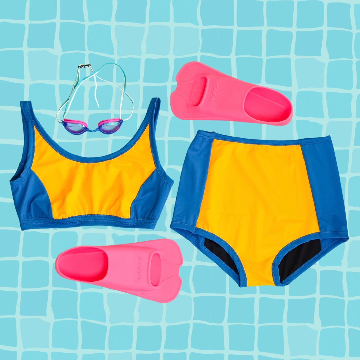 Flat lay of Thunderpants US Swimwear set in High Dive - yellow and blue panels.