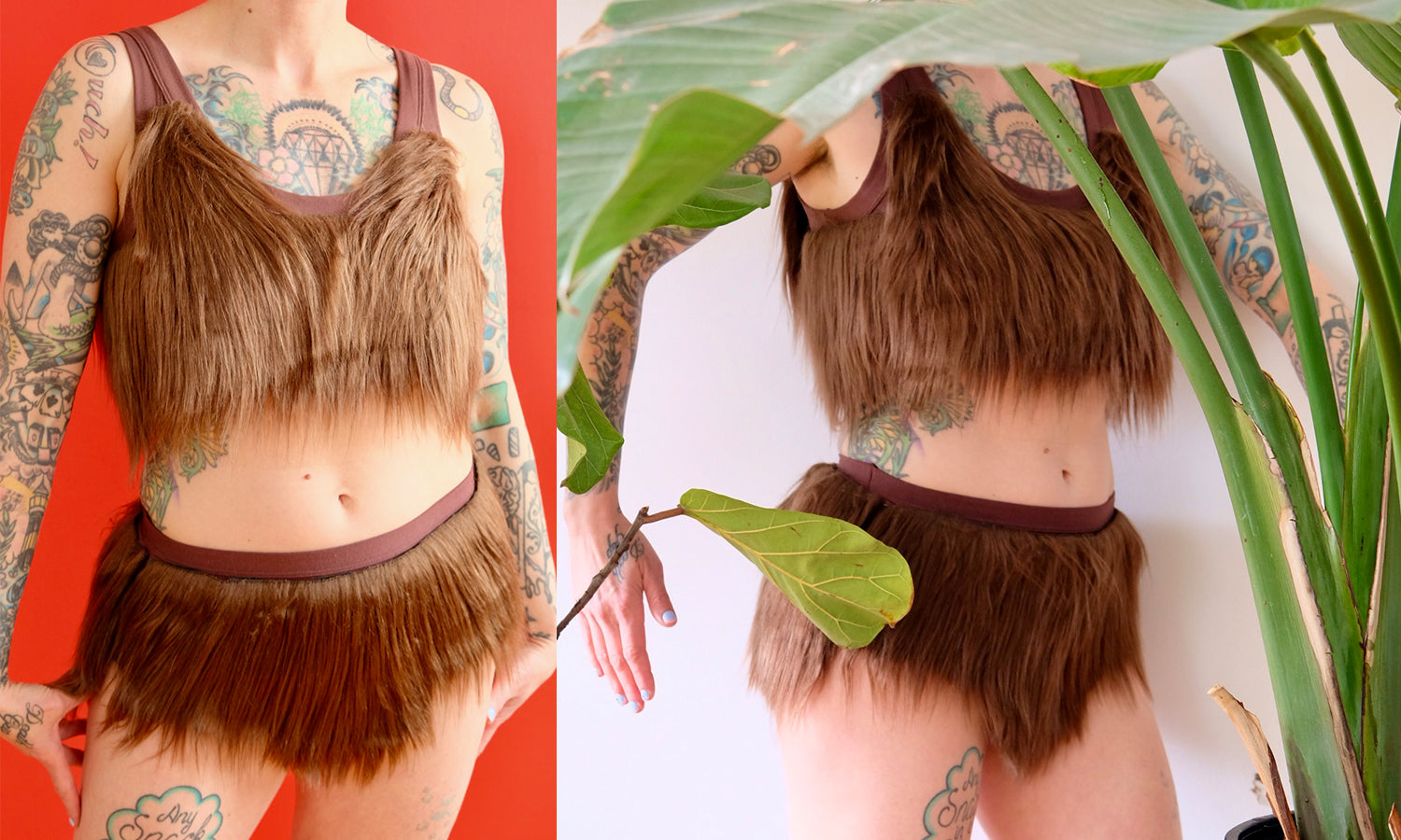 Two photos of a model wearing furry underwear.