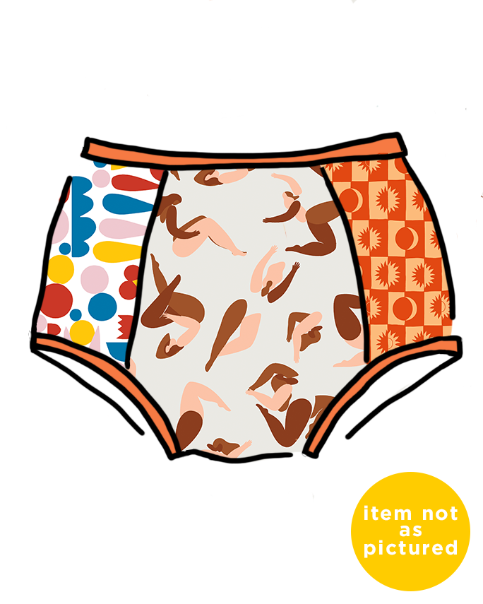 Drawing of Thunderpants Original style underwear in our Scrap Panel Pants - a combination of multiple different current and past prints.