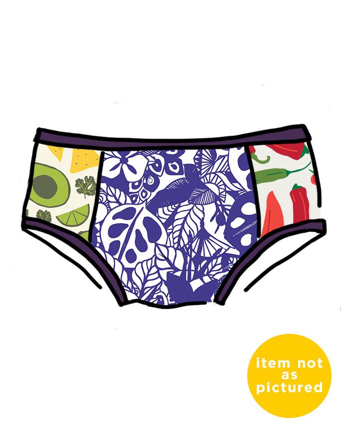 Drawing of Thunderpants Hipster style underwear in our Scrap Panel Pants - a combination of multiple different current and past prints.