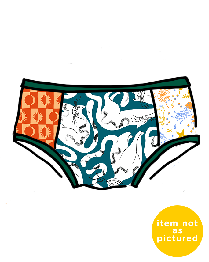 Drawing of Thunderpants Hipster style underwear in our Scrap Panel Pants - a combination of multiple different current and past prints.