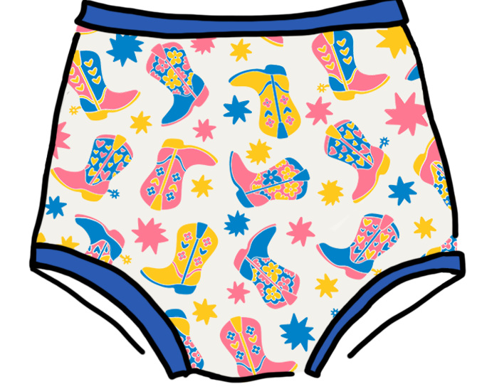 Drawing of Thunderpants Sky Rise style underwear in Boot Scootin' - fun boots in pink, yellow, and blue. 