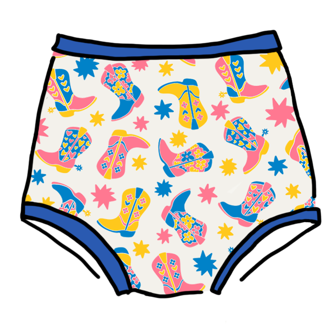 Drawing of Thunderpants Sky Rise style underwear in Boot Scootin' - fun boots in pink, yellow, and blue. 