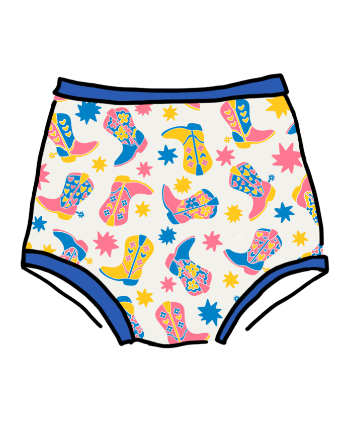 Drawing of Thunderpants Sky Rise style underwear in Boot Scootin' - fun boots in pink, yellow, and blue. 