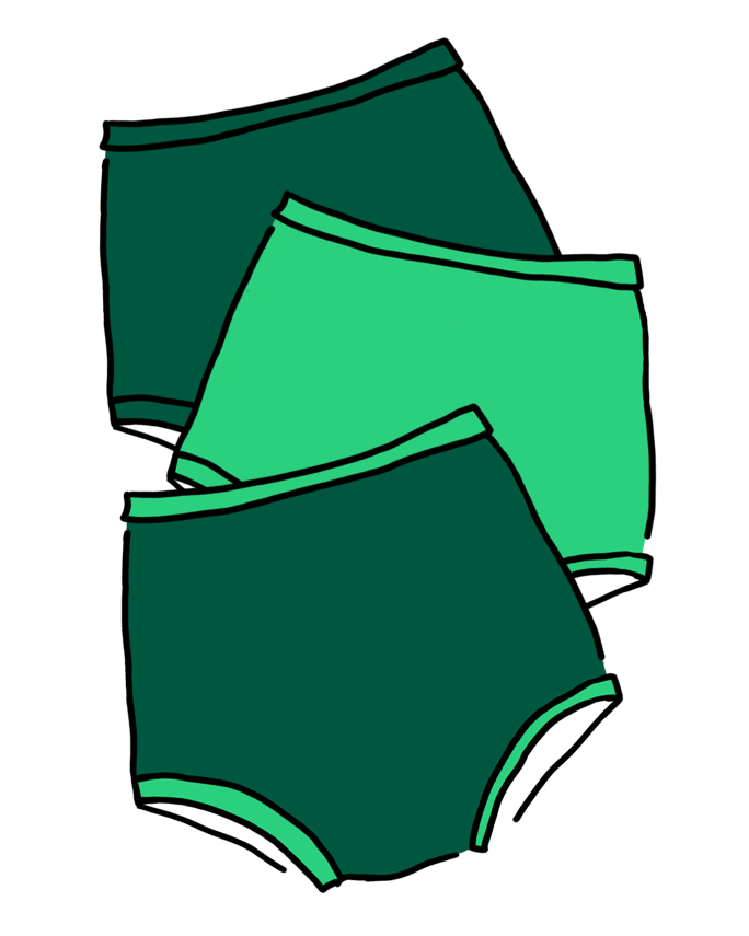 Drawing of a three pack of different green colored Sky Rise style underwear.