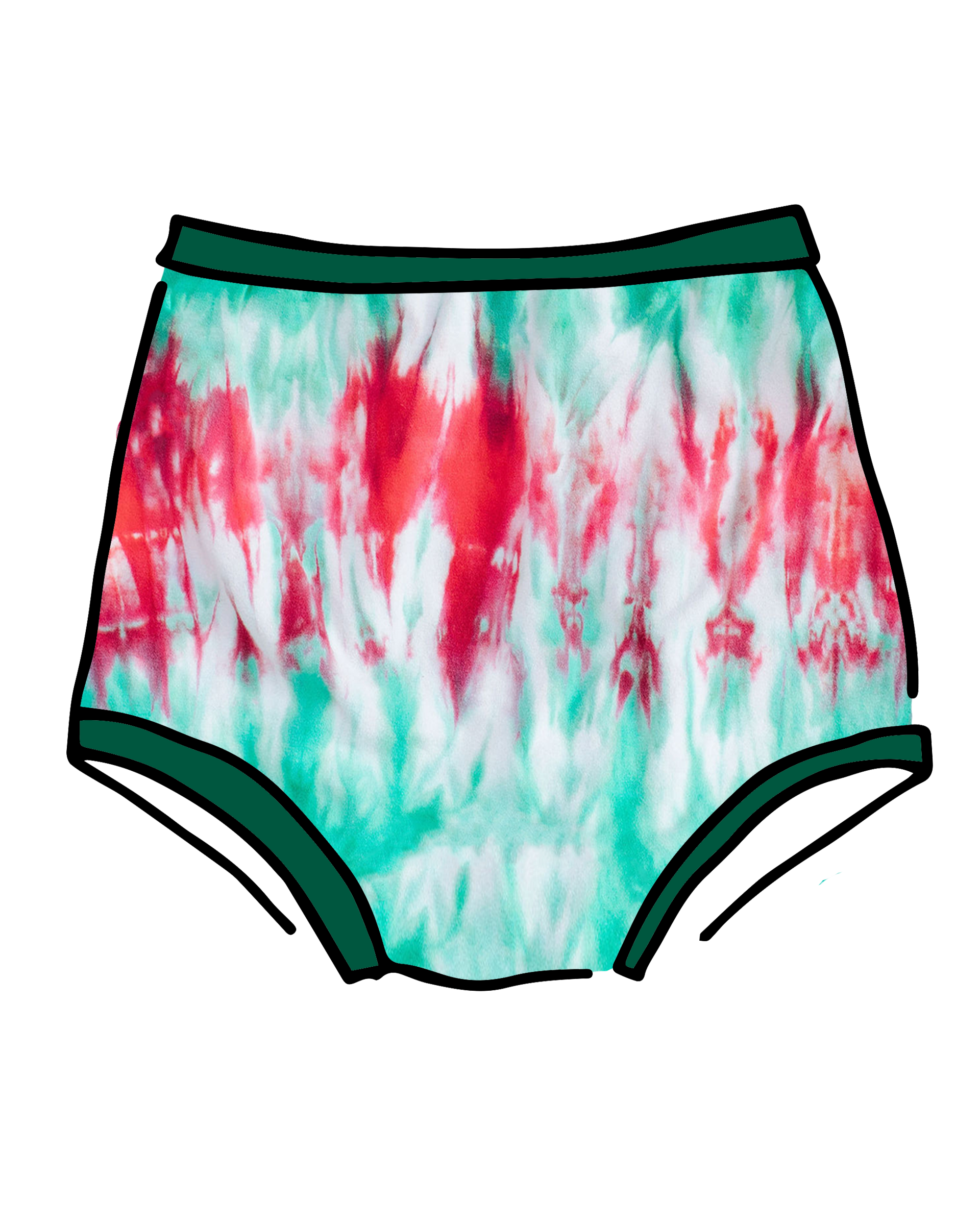 Drawing of Thunderpants Sky Rise style underwear in Holiday Dye - red and green tie dye with green binding. 