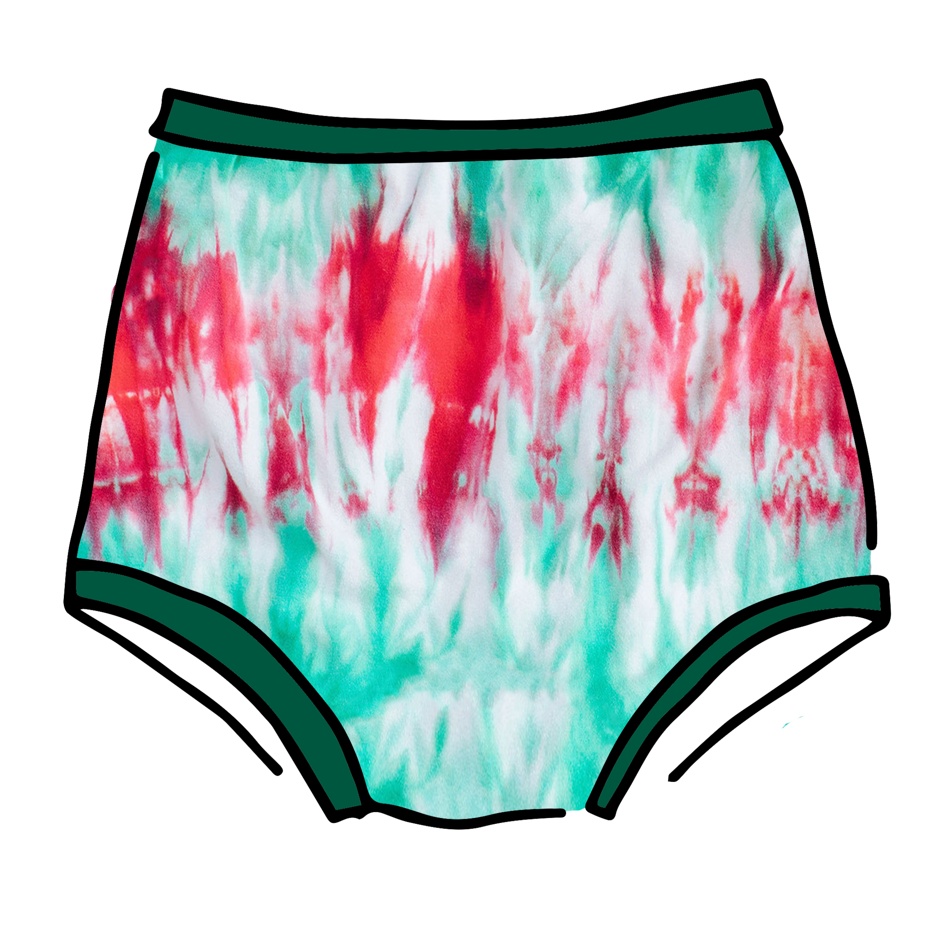 Drawing of Thunderpants Sky Rise style underwear in Holiday Dye - red and green tie dye with green binding. 