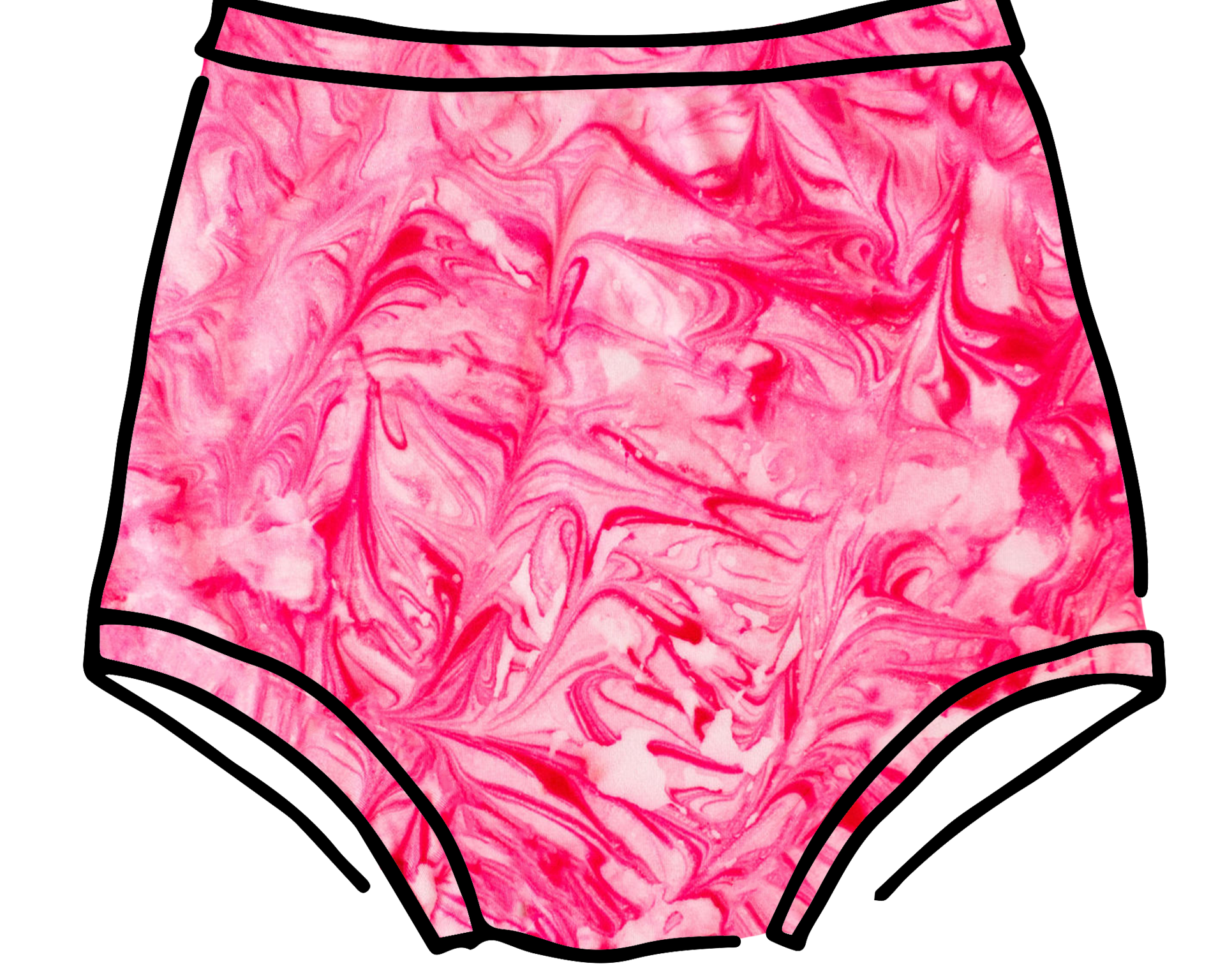 Drawing of Thunderpants Sky Rise style underwear in pink marble dye.