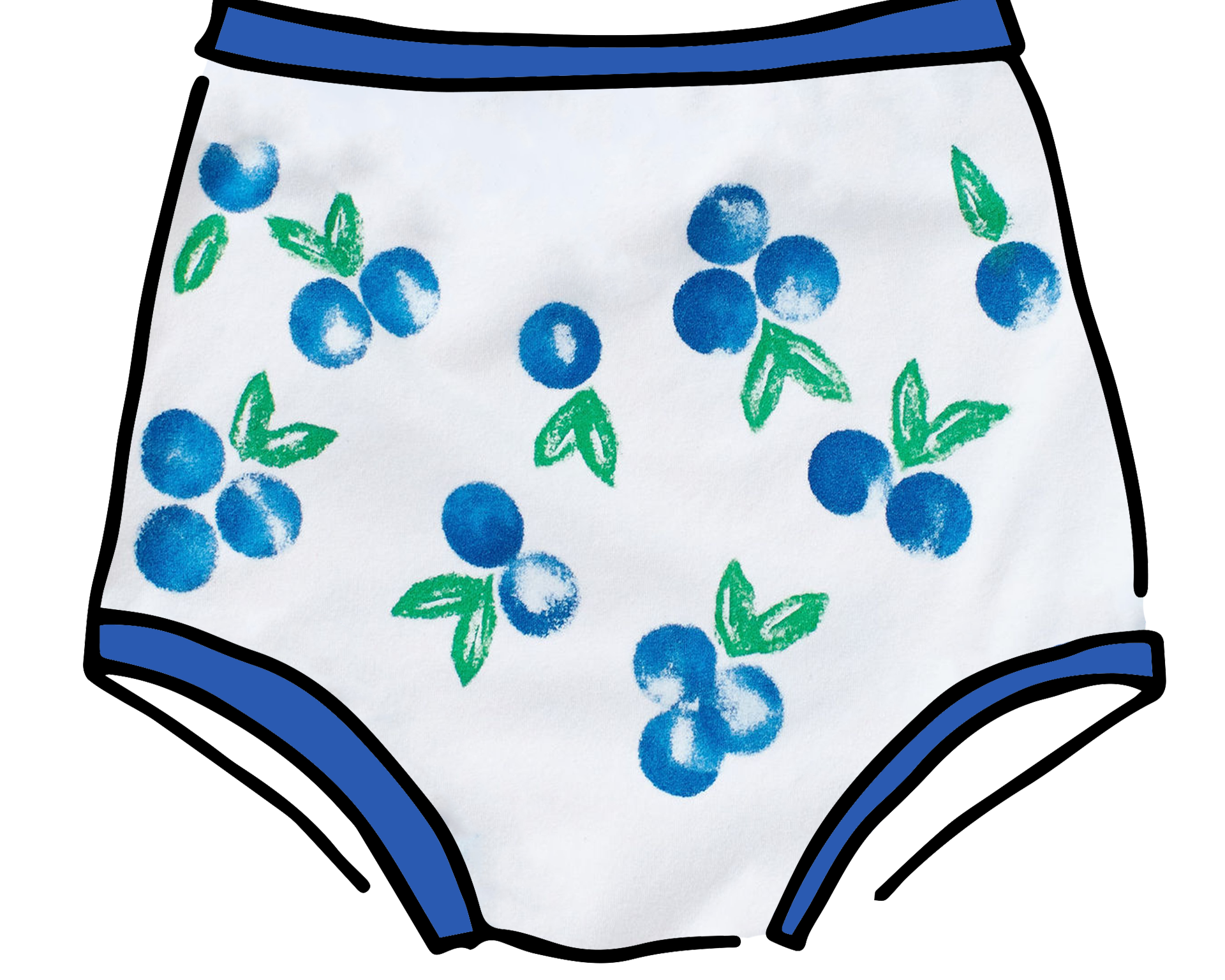 Drawing of Thunderpants Sky Rise style underwear with a blue and green Blueberry print and blue binding. 