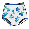 Drawing of Thunderpants Sky Rise style underwear with a blue and green Blueberry print and blue binding. 