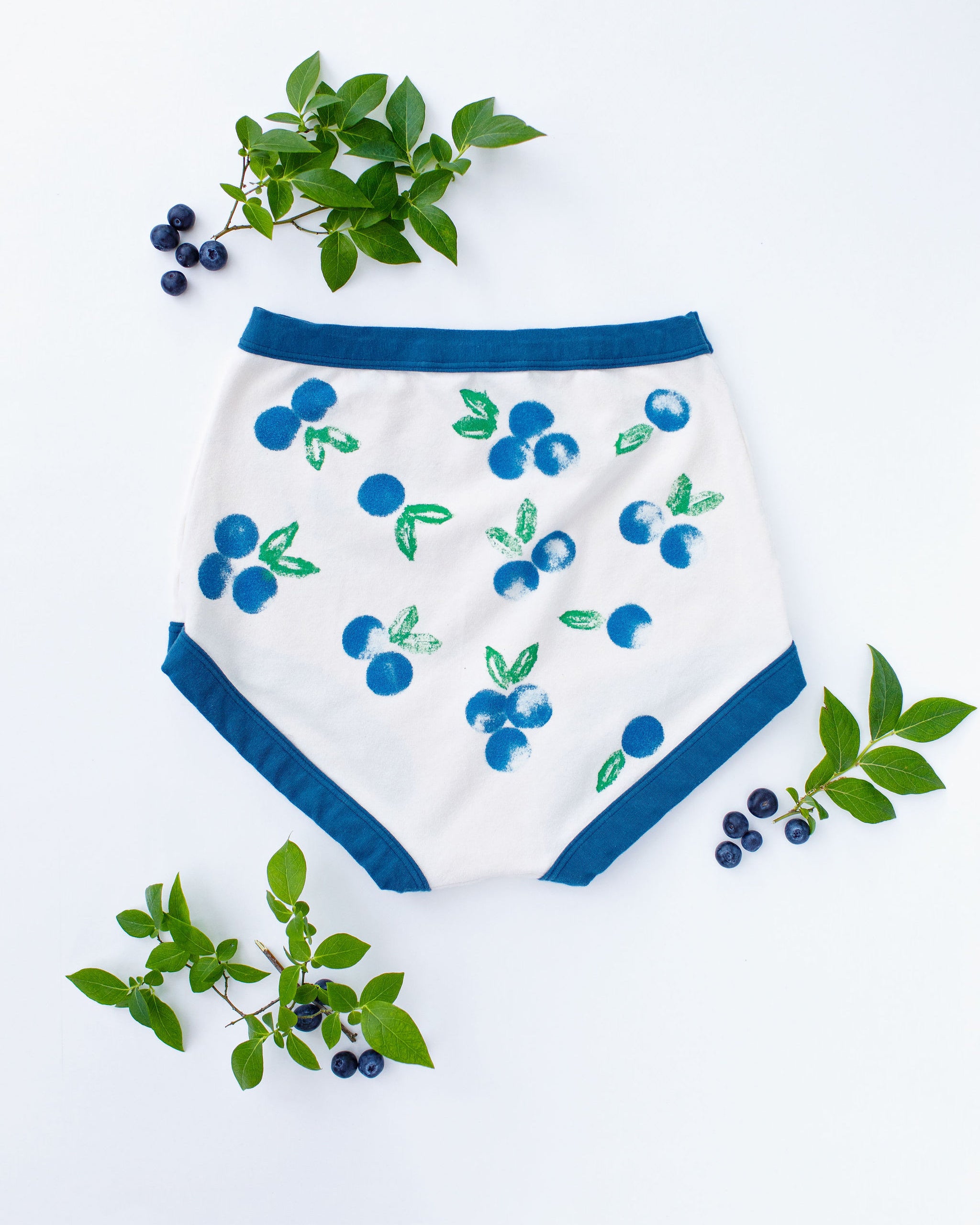 Flat lay of Thunderpants Sky Rise style underwear with a blue and green Blueberry print and blue binding. 