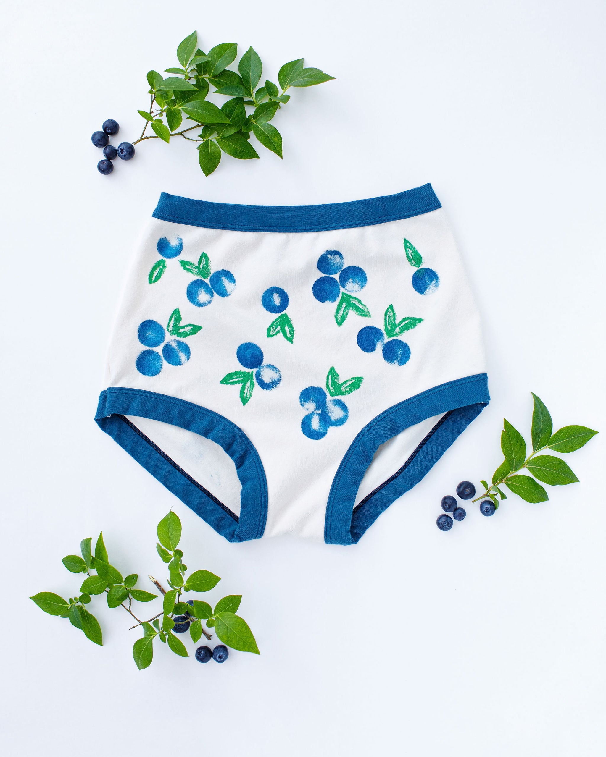 Flat lay of Thunderpants Sky Rise style underwear with a blue and green Blueberry print and blue binding. 