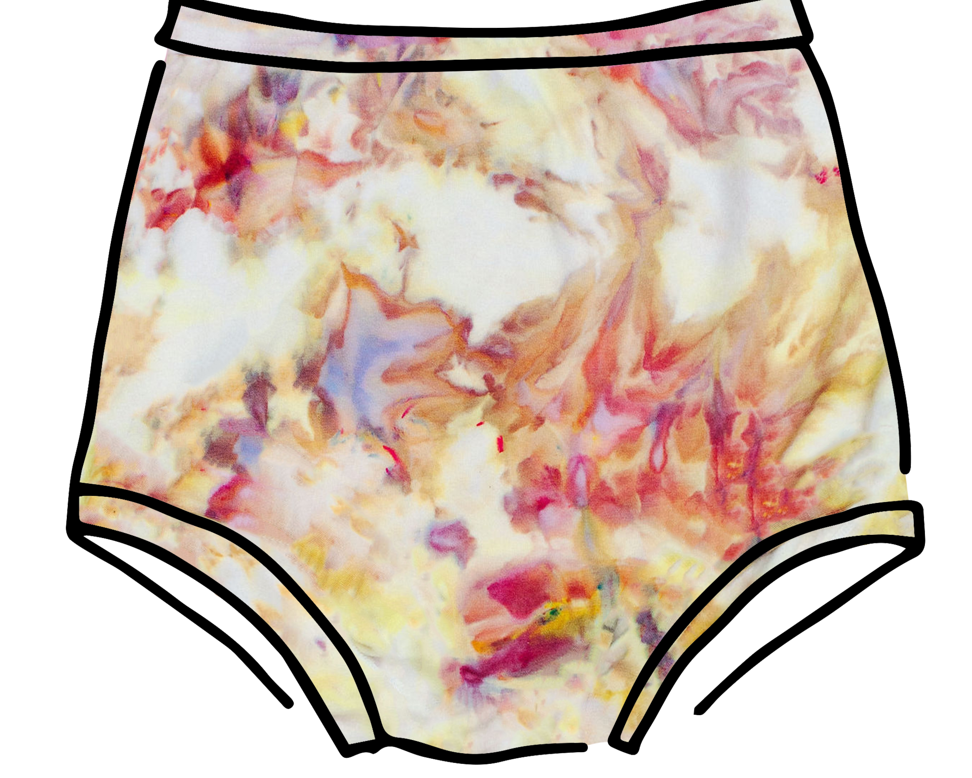 Drawing of Thunderpants Sky Rise style underwear in Citrus Blossom Dye - hand dyed yellow, pink, and purple.
