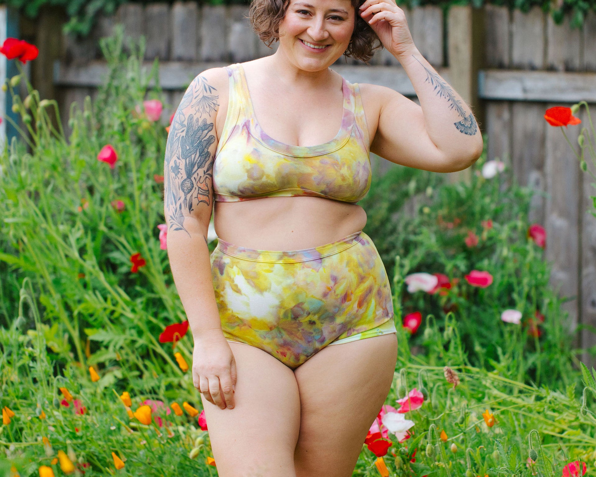 Model wearing Thunderpants Sky Rise style underwear and Bralette in Citrus Blossom Dye - hand dyed yellow, pink, and purple.