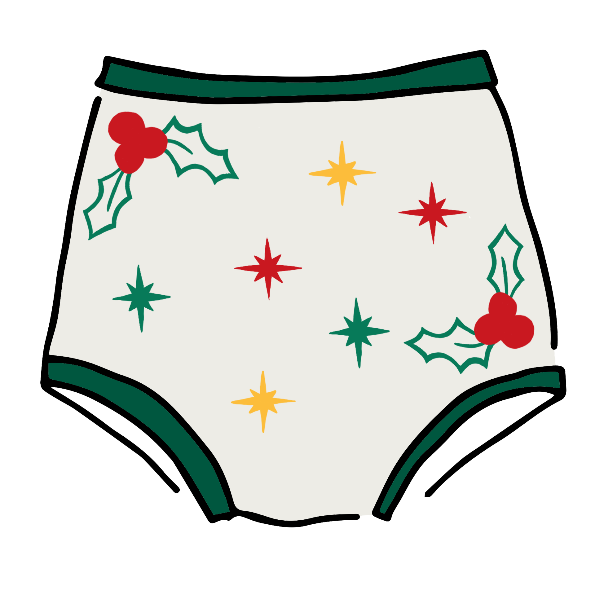 Drawing of Thunderpants Sky Rise style underwear in Holly Holiday print.