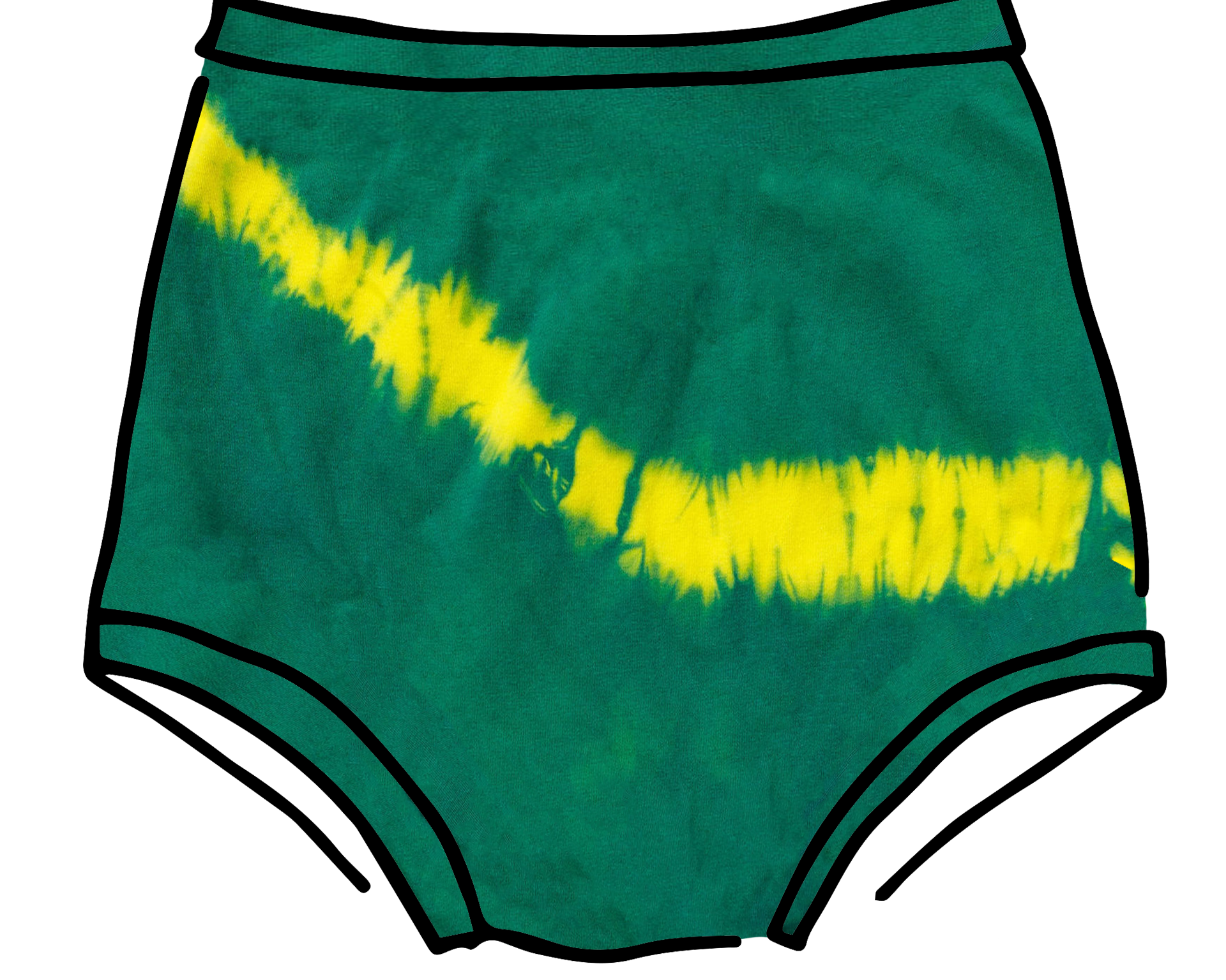 Drawing of Thunderpants Sky Rise style underwear in Lightning Bolt Hand Dye - green/blue color with yellow stripe.