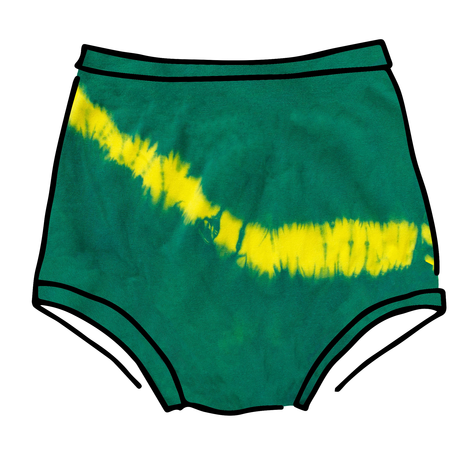Drawing of Thunderpants Sky Rise style underwear in Lightning Bolt Hand Dye - green/blue color with yellow stripe.