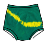 Drawing of Thunderpants Sky Rise style underwear in Lightning Bolt Hand Dye - green/blue color with yellow stripe.