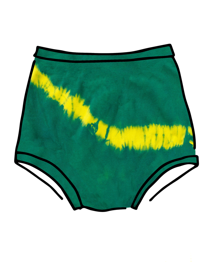 Drawing of Thunderpants Sky Rise style underwear in Lightning Bolt Hand Dye - green/blue color with yellow stripe.