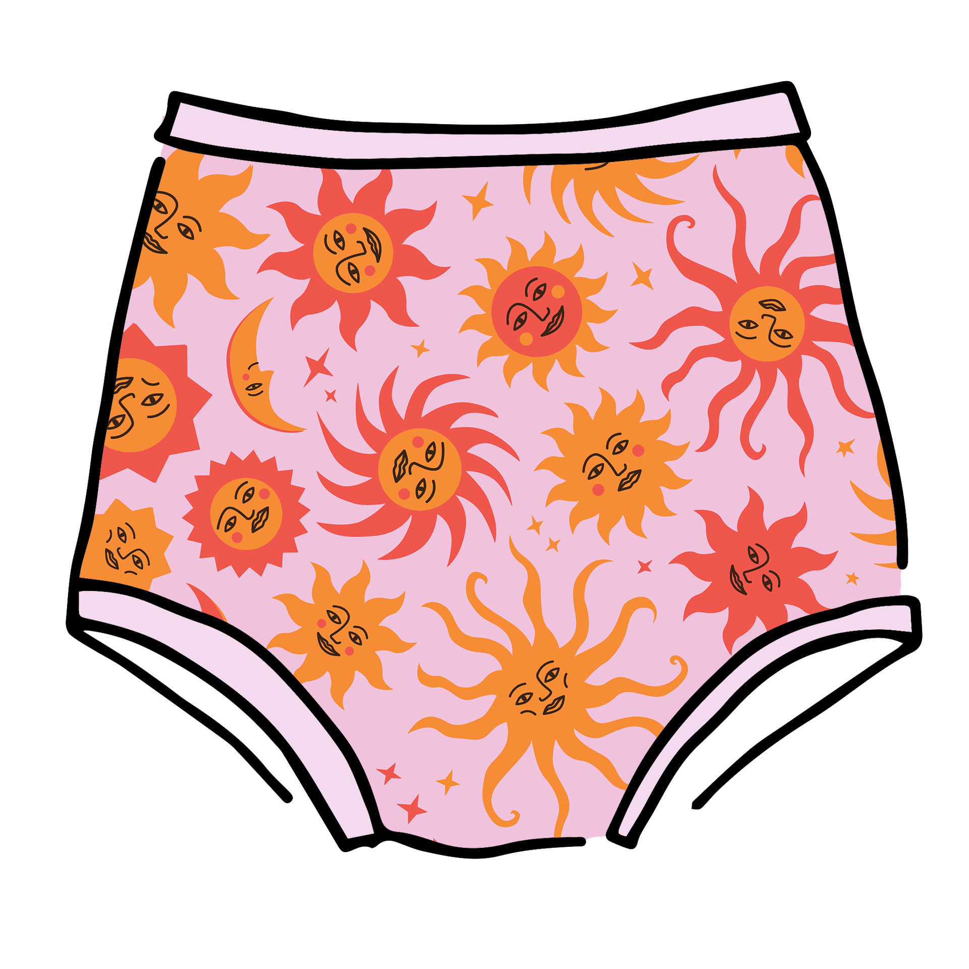 Drawing of Thunderpants Sky Rise style underwear in Luna y Sol print - pink, yellow, and orange suns and moons.