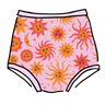 Drawing of Thunderpants Sky Rise style underwear in Luna y Sol print - pink, yellow, and orange suns and moons.