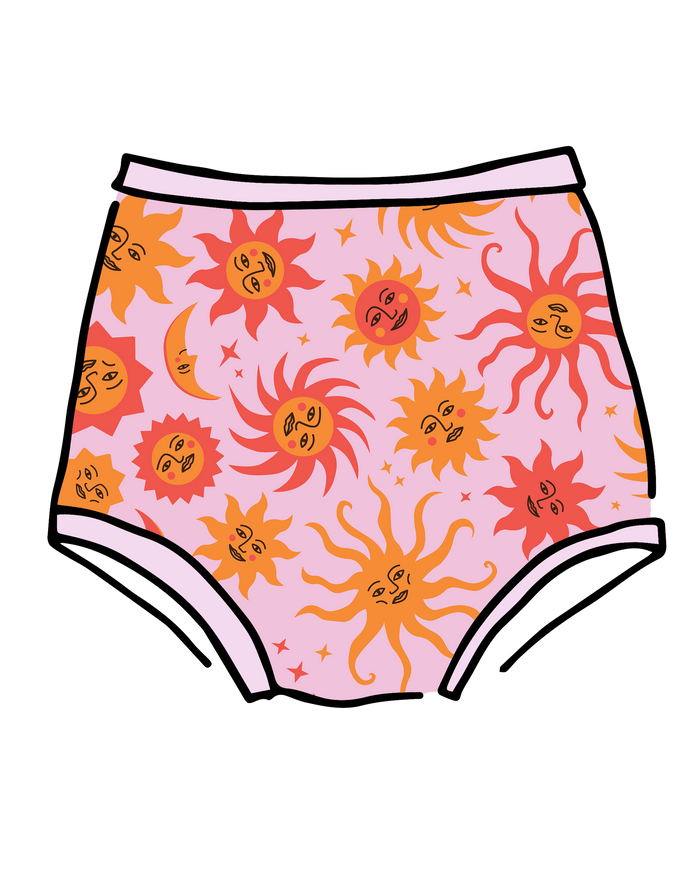 Drawing of Thunderpants Sky Rise style underwear in Luna y Sol print - pink, yellow, and orange suns and moons.