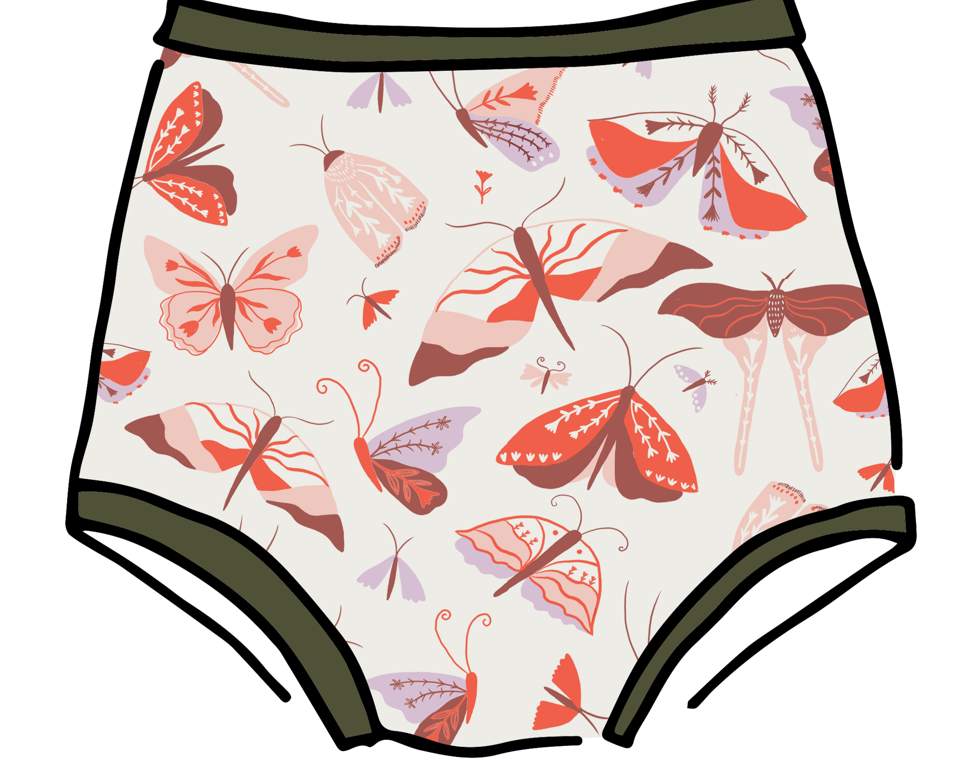 Drawing of Thunderpants Sky Rise style underwear in Field Study: a moth print in red, orange, pink, and purple bound in green.