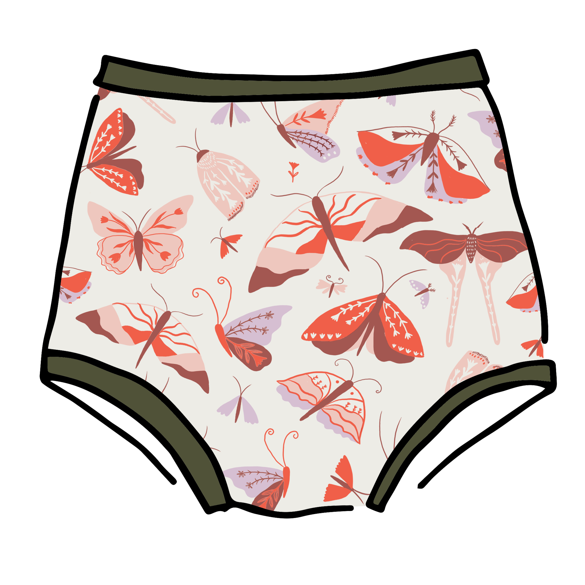 Drawing of Thunderpants Sky Rise style underwear in Field Study: a moth print in red, orange, pink, and purple bound in green.