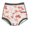 Drawing of Thunderpants Sky Rise style underwear in Field Study: a moth print in red, orange, pink, and purple bound in green.