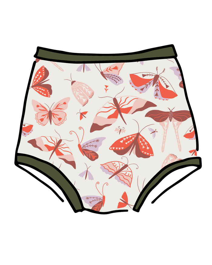 Drawing of Thunderpants Sky Rise style underwear in Field Study: a moth print in red, orange, pink, and purple bound in green.