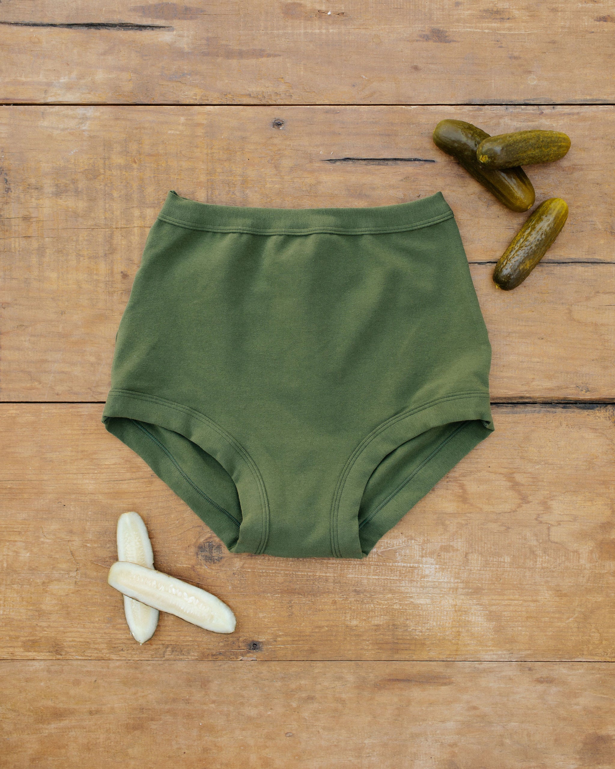 Flat lay of Thunderpants Sky Rise style underwear in Pickled Green.