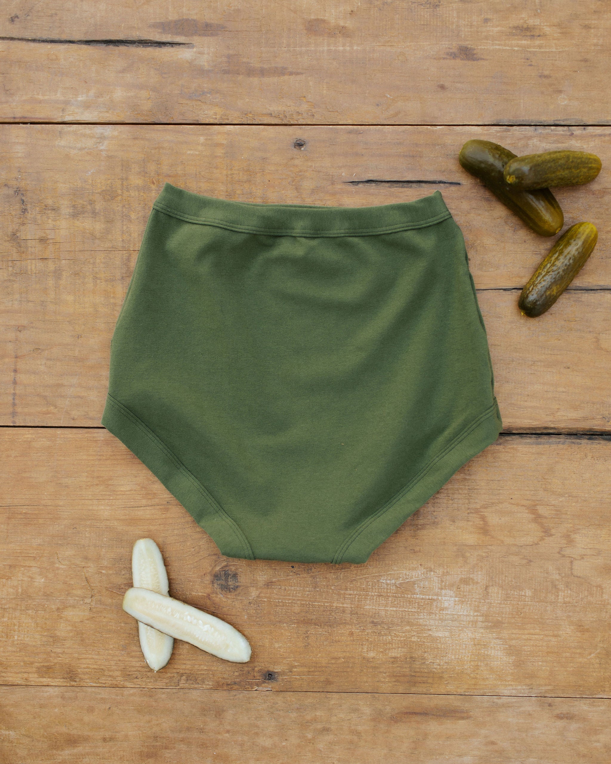 Flat lay of Thunderpants Sky Rise style underwear in Pickled Green.