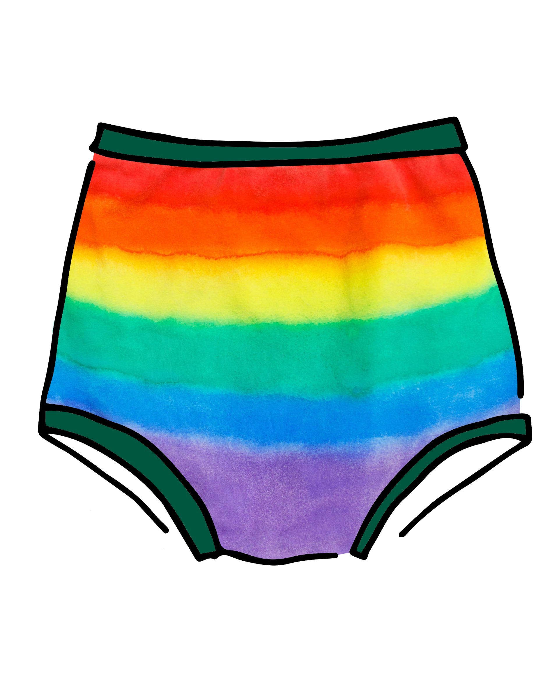 Drawing of Thunderpants Sky Rise style underwear in rainbow dye with emerald green binding.