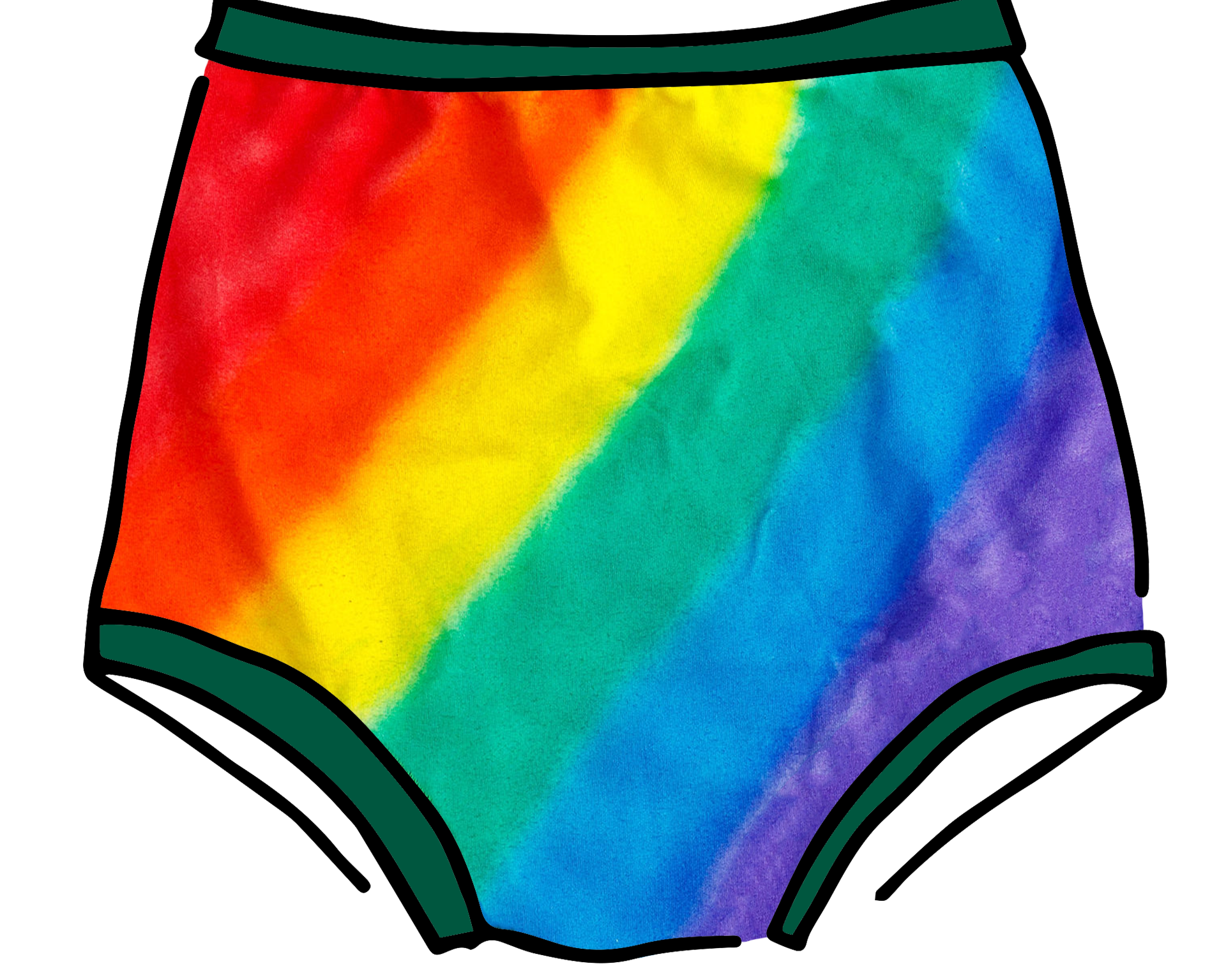 Drawing of Thunderpants organic cotton Sky Rise style underwear in hand painted rainbow stripes for Pride.