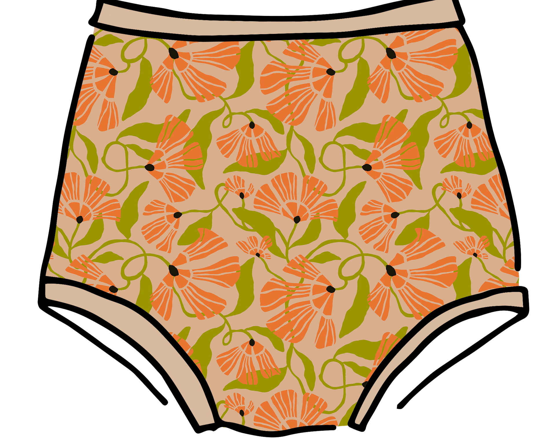 Drawing of Thunderpants Sky Rise style underwear in Secret Garden print - orange flowers and green leaves.
