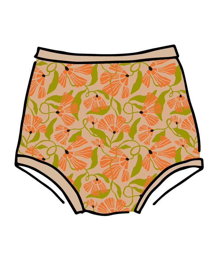 Drawing of Thunderpants Sky Rise style underwear in Secret Garden print - orange flowers and green leaves.