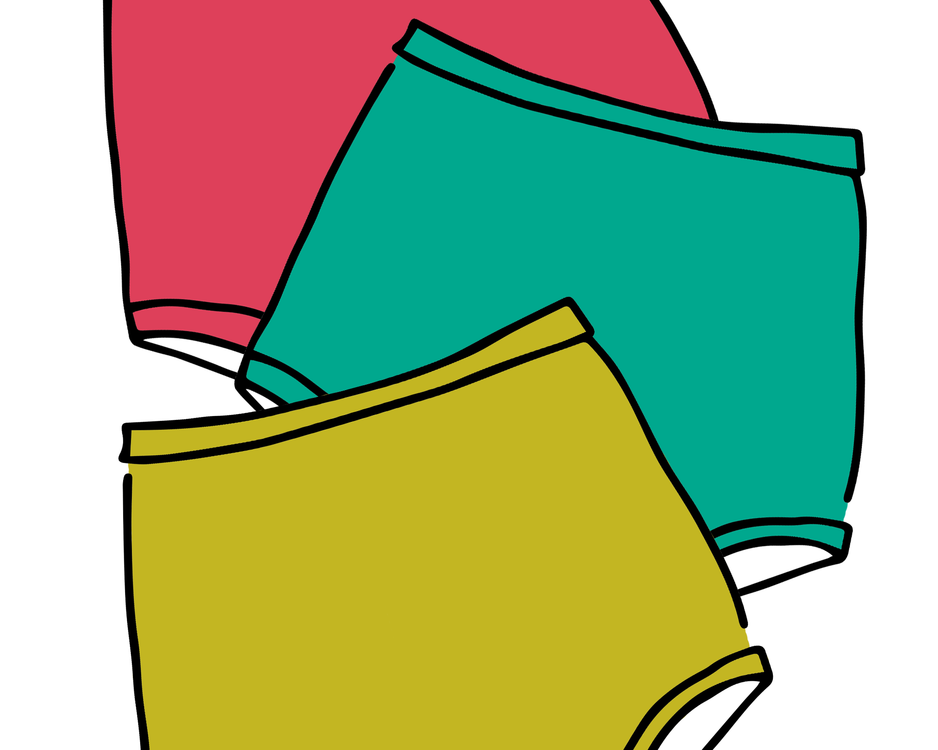 Drawing of three Thunderpants Sky Rise style underwear in Pomegranate Punch, Peacock Green, and Star Fruit - the Summer Solids Three Pack.